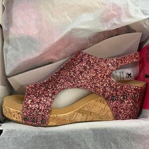 Corkys Pink Glitter Cork Wedge Sandal